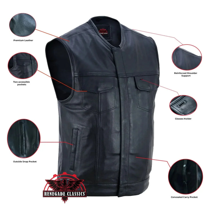 Men's Titan Black Leather Vest - Milled Cowhide, Hidden Zipper