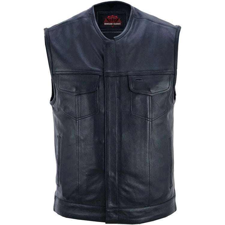 Men's Titan Black Leather Vest - Milled Cowhide, Hidden Zipper