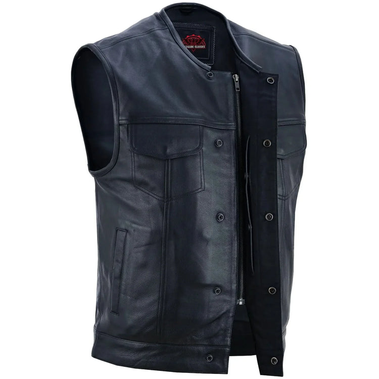 Men's Titan Black Leather Vest - Milled Cowhide, Hidden Zipper