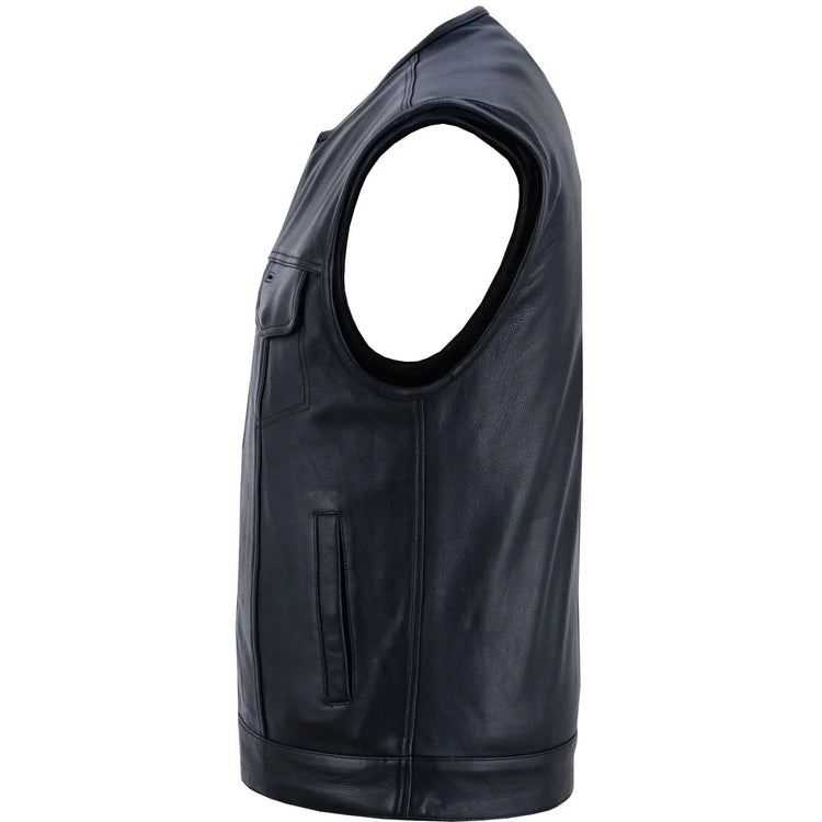 Men's Titan Black Leather Vest - Milled Cowhide, Hidden Zipper