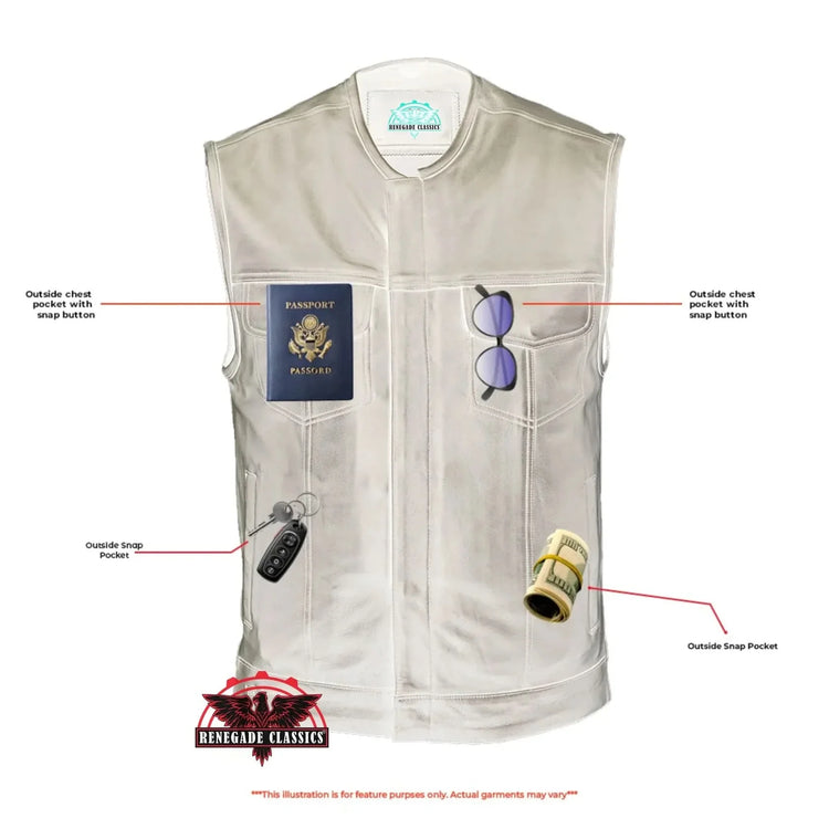 Men's Titan Black Leather Vest - Milled Cowhide, Hidden Zipper