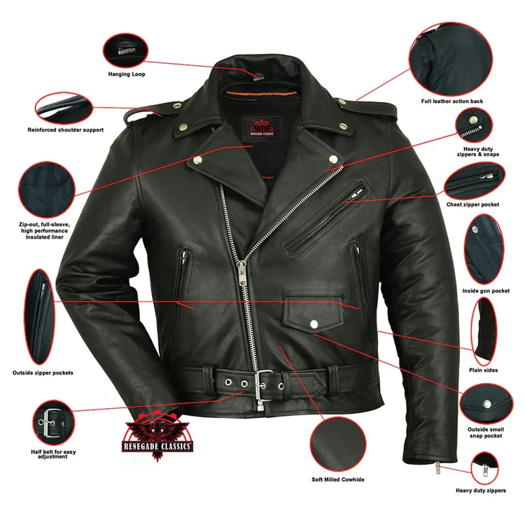 Men's Classic Plain Side Police Style Motorcycle Jacket - Black