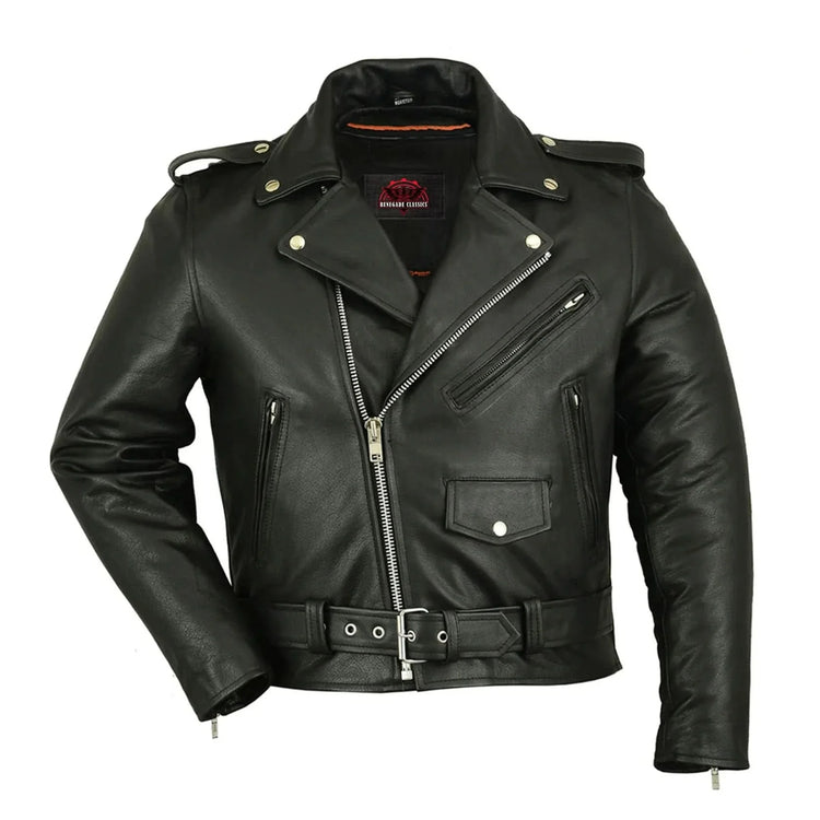 Men's Classic Plain Side Police Style Motorcycle Jacket - Black