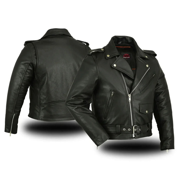 Men's Classic Plain Side Police Style Motorcycle Jacket - Black