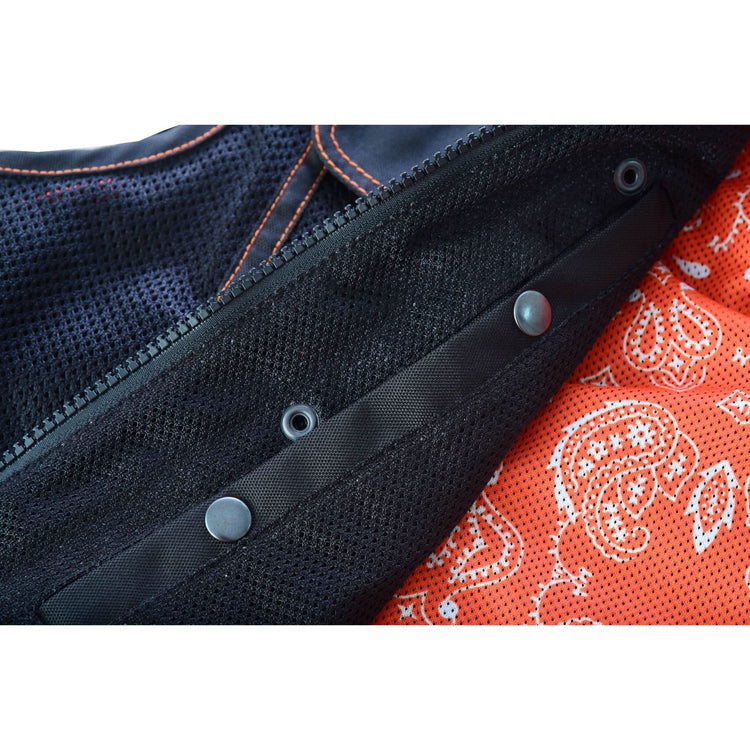 Night Tiger Men's Black Mesh Textile Vest with Orange Diamond Stitch