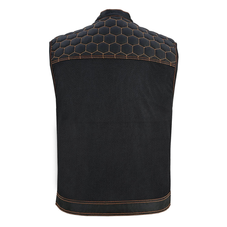 Night Tiger Men's Black Mesh Textile Vest with Orange Diamond Stitch