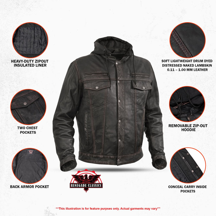 Men's Black Lightweight Drum Dyed Distressed Lambskin Jacket with Removable Hoodie