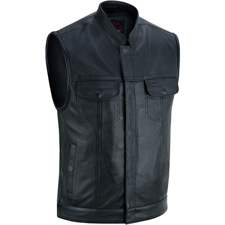 Highway Jack Men's Black Leather Motorcycle Vest Scoop Neck & Snap-Closure Pockets
