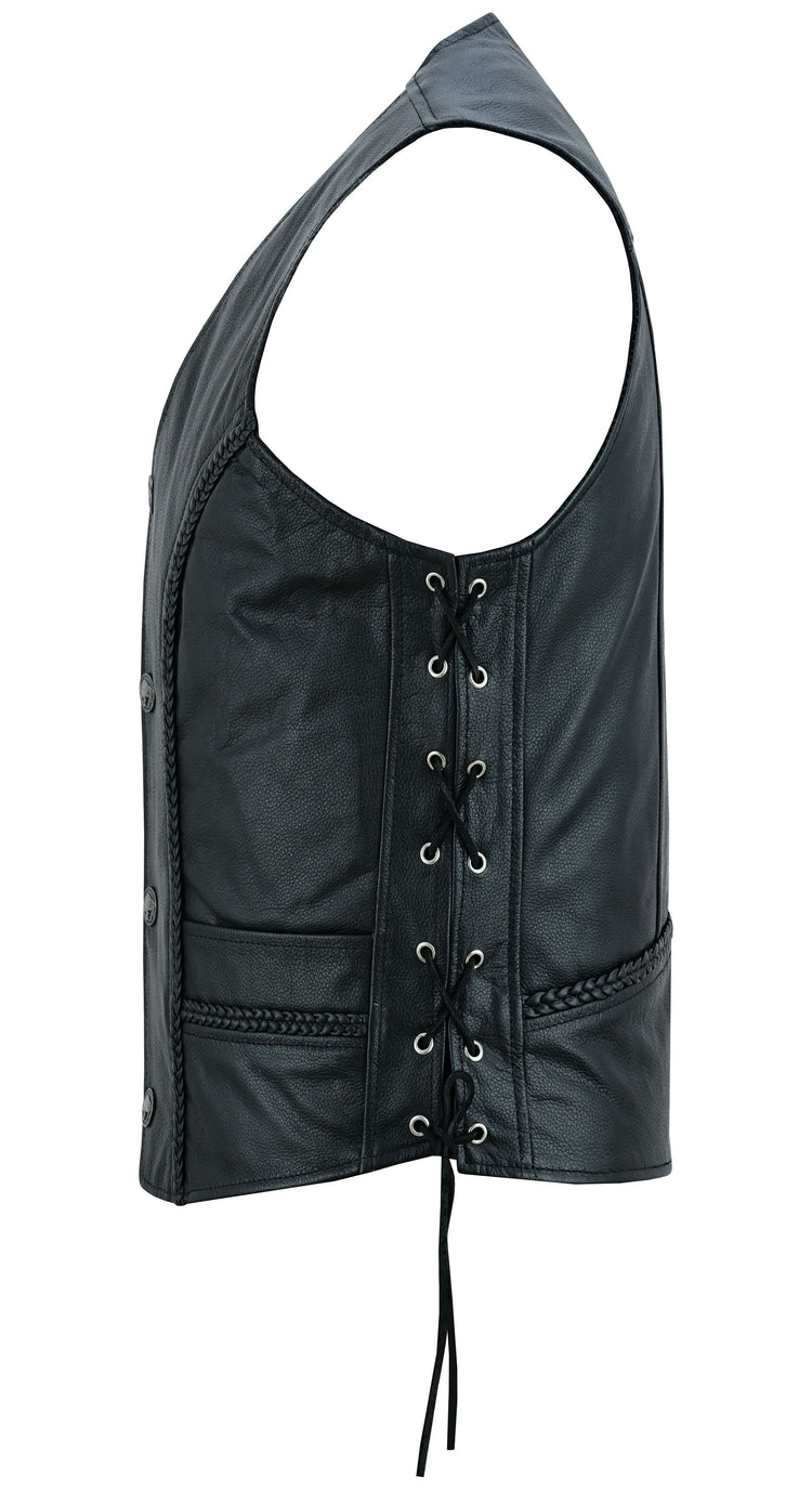Charlie Men's Black Braided Leather Motorcycle Vest & Lace-Up Sides