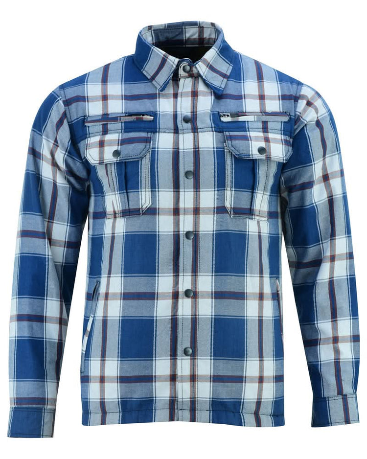 Alpha Check Men's Armored Motorcycle Flannel Shirt - Blue/White/Maroon