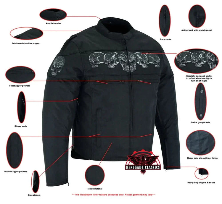 Men's Textile Scooter Style Jacket w/ Reflective Skulls