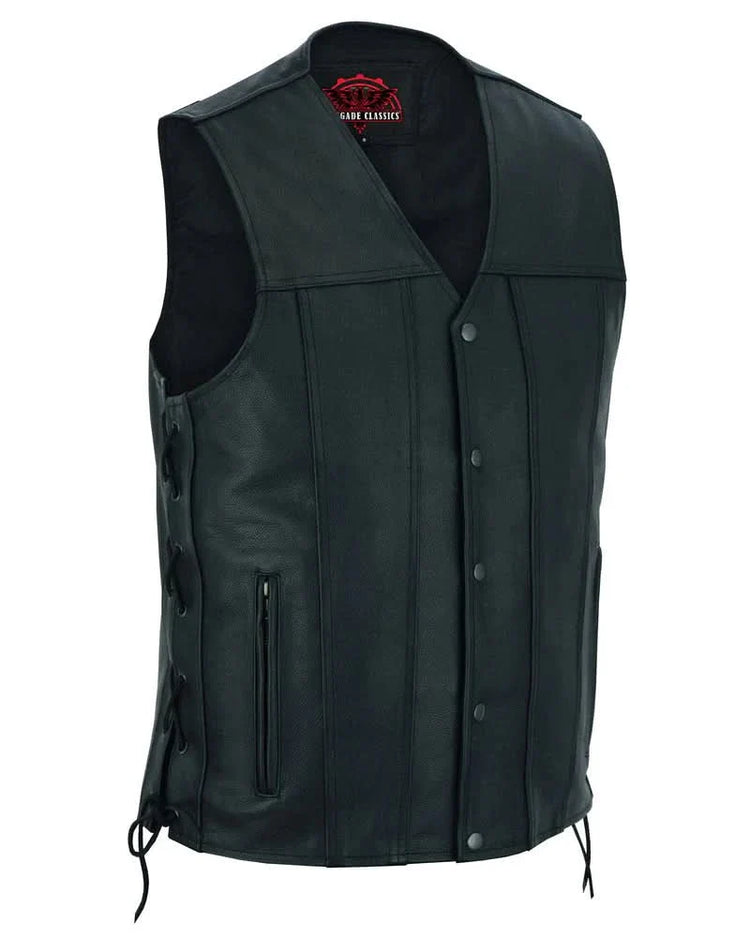 Men's Tall Classic Tapered Bottom Biker Leather Vest- Black