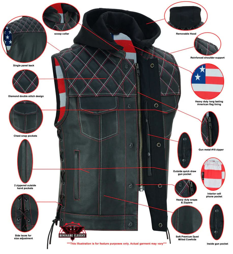 Men's Road Edge Leather Black Vest – Removable Hood