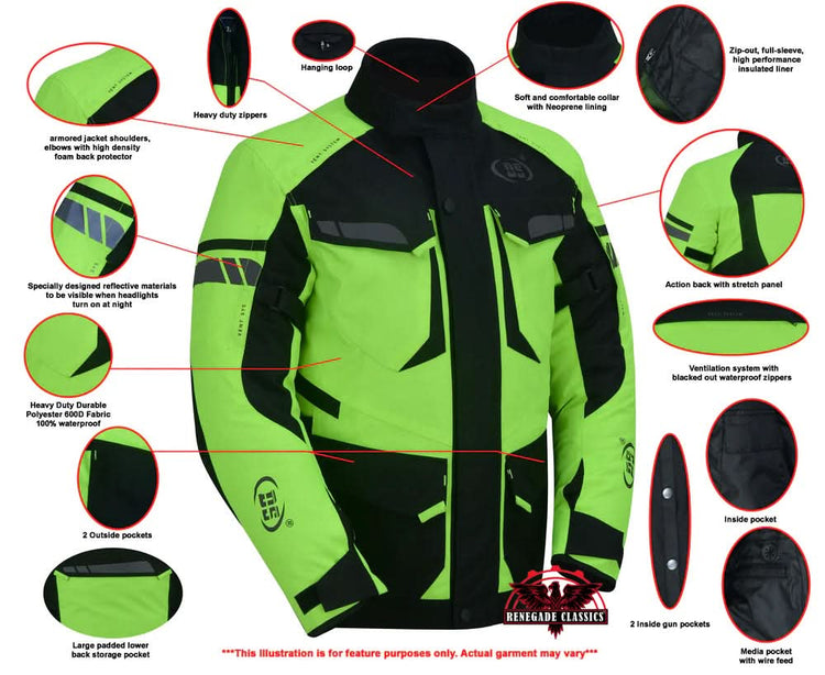 4-Season Hi-Vis Mens Textile Motorycyle Jacket Waterproof & Ventilated