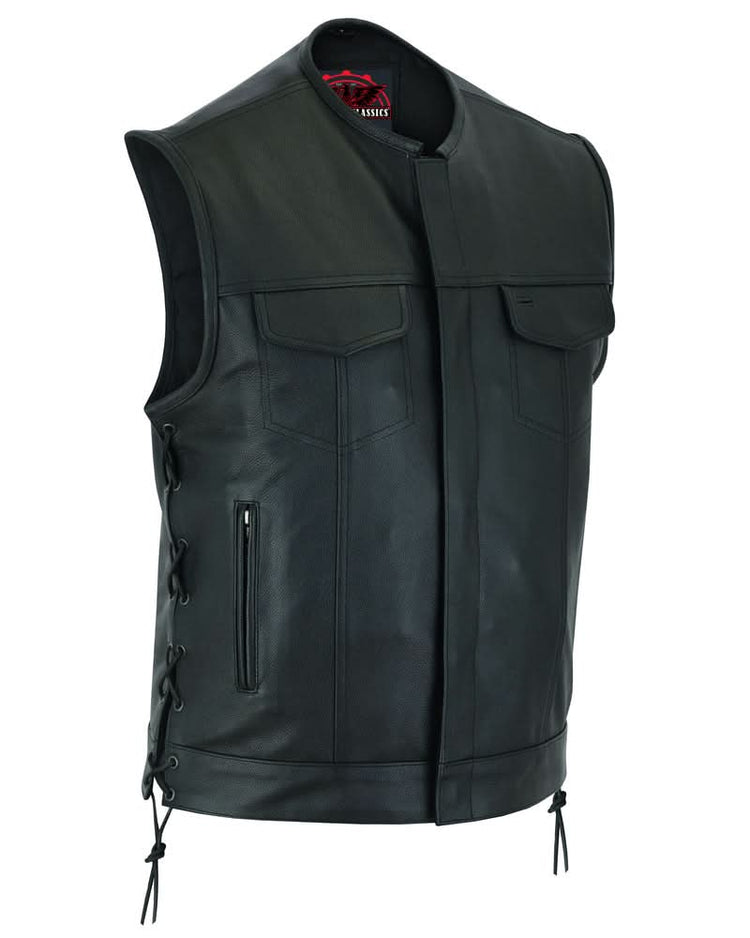Men's Combat Black motorcycle Leather Vest - Gun Pockets & Side Laces