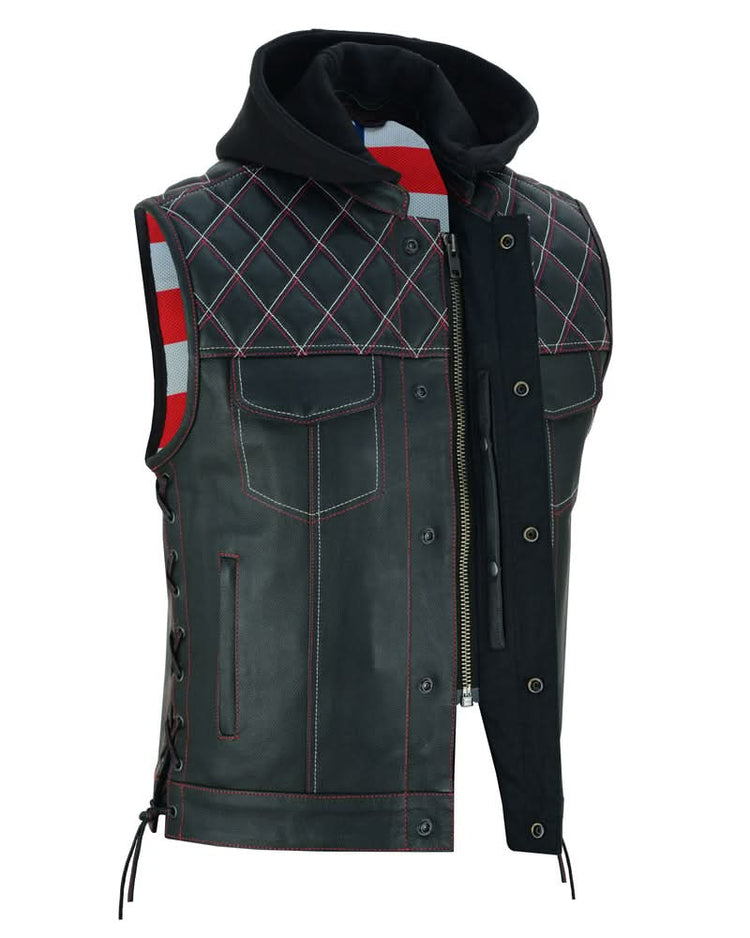 Men's Road Edge Leather Black Vest – Removable Hood