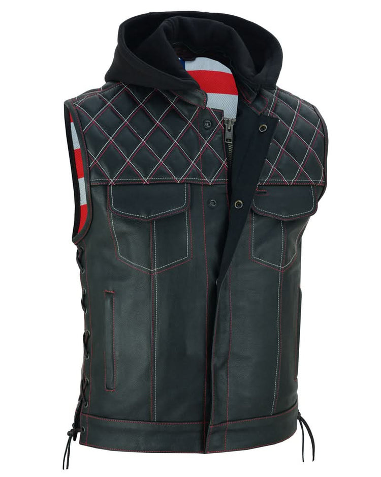 Men's Road Edge Leather Black Vest – Removable Hood