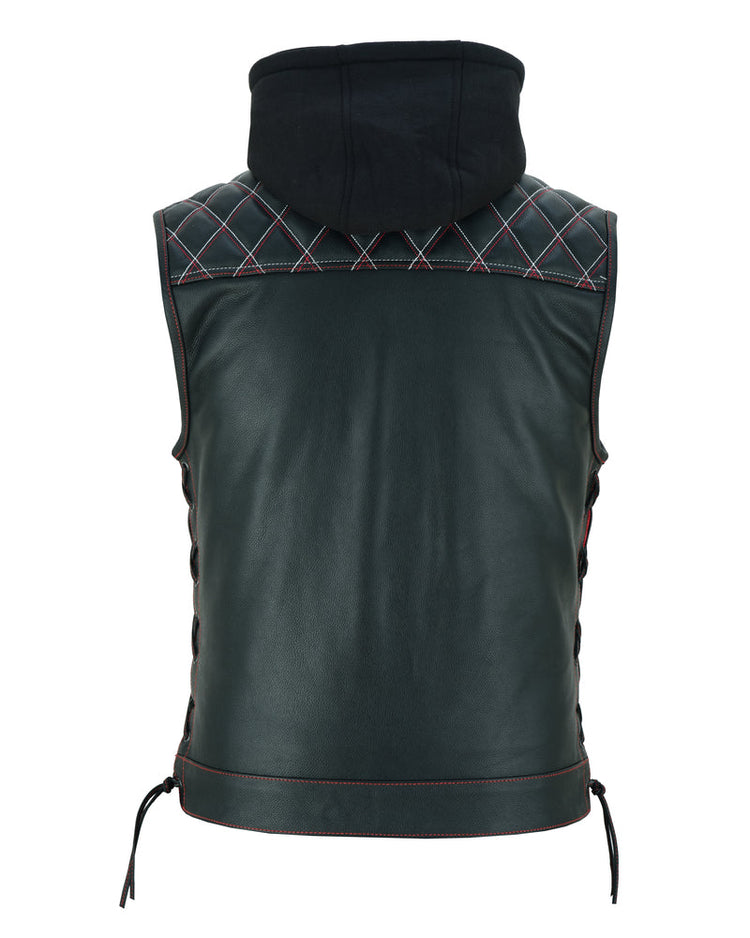 Men's Road Edge Leather Black Vest – Removable Hood