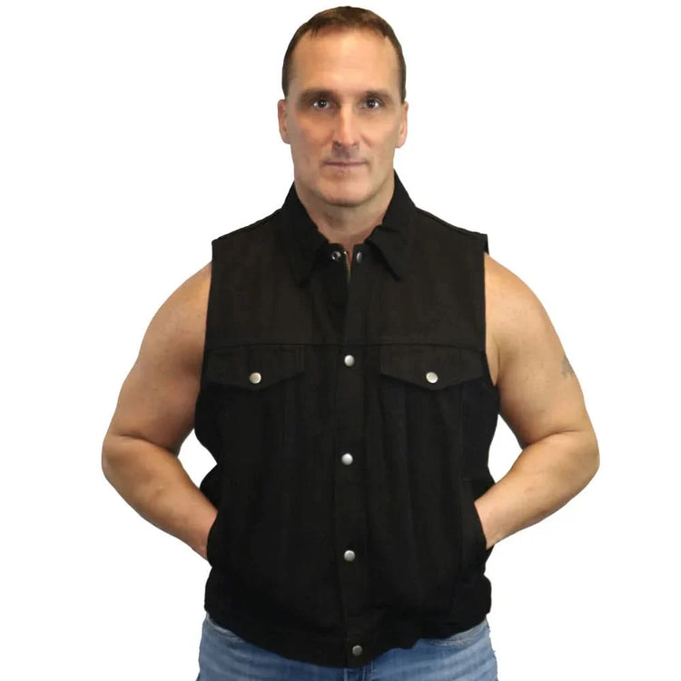 Men's Snap/Zipper Front Black Denim Motorcycle Vest