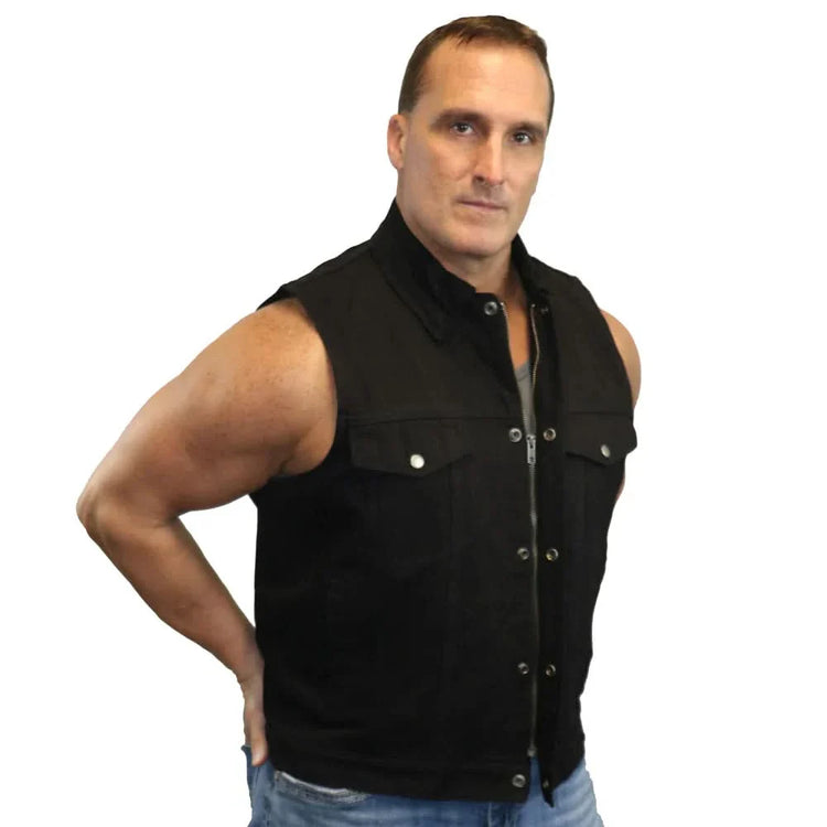 Men's Snap/Zipper Front Black Denim Motorcycle Vest