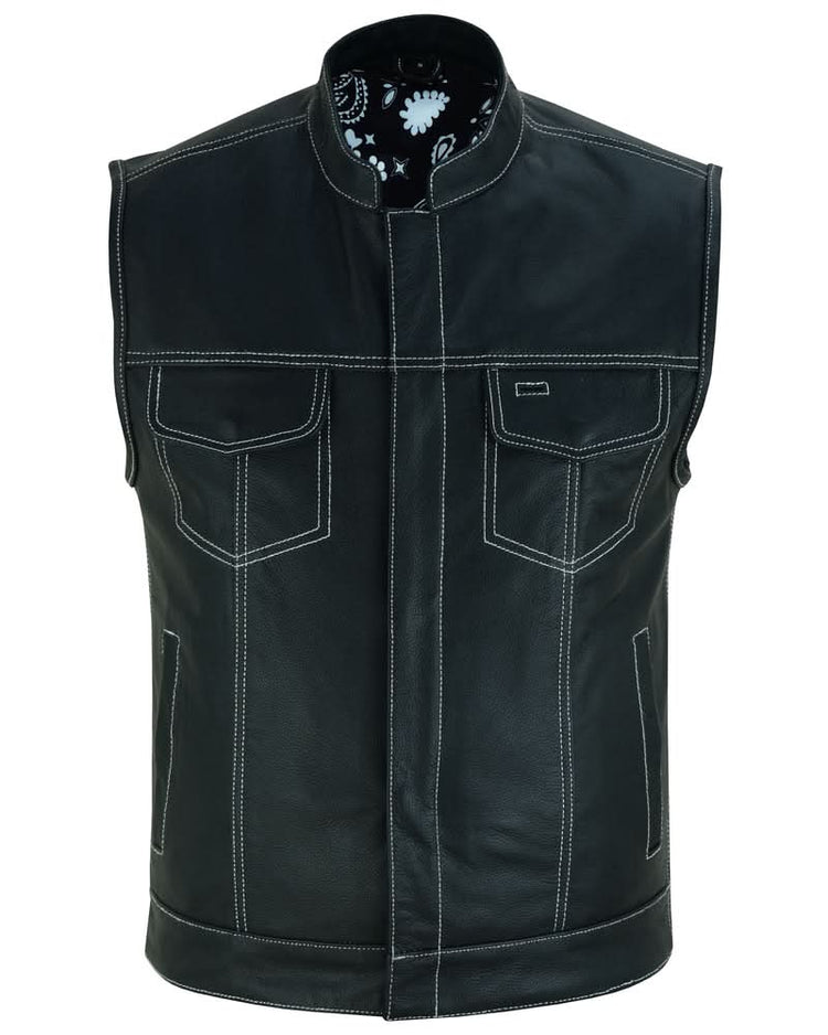 Men's Paisley Black Leather Motorcycle Vest with White Stitching