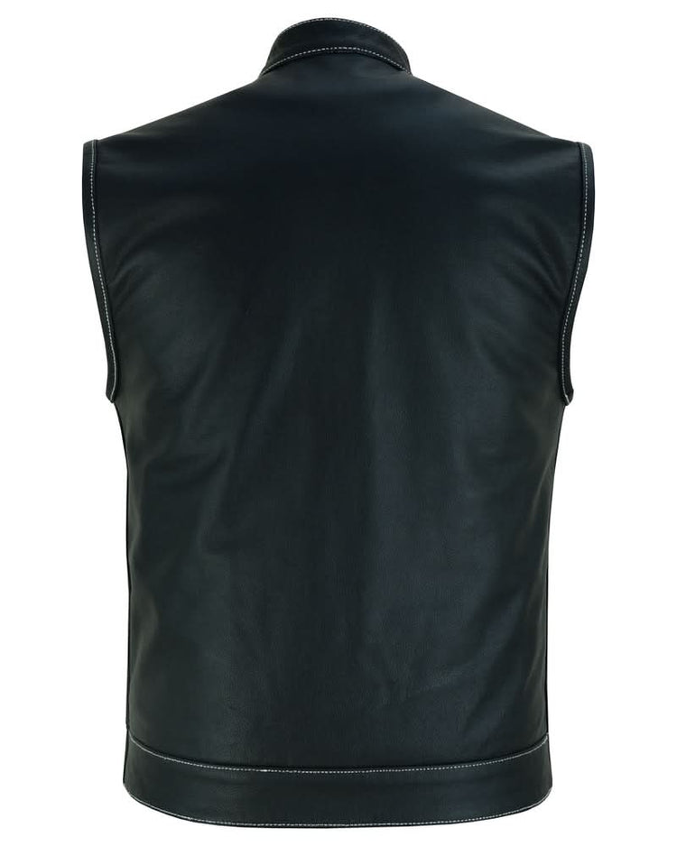 Men's Paisley Black Leather Motorcycle Vest with White Stitching