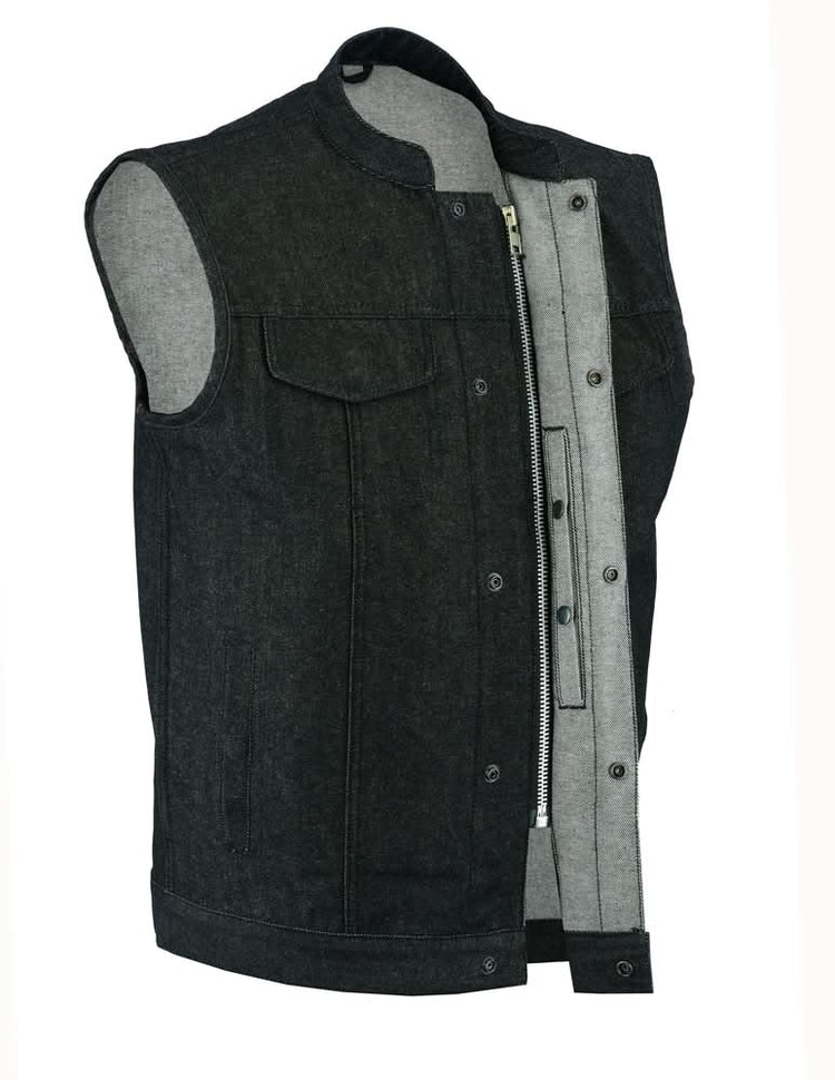Men's Rough Rub-Off Raw Finish Motorcycle Denim Vest - Black