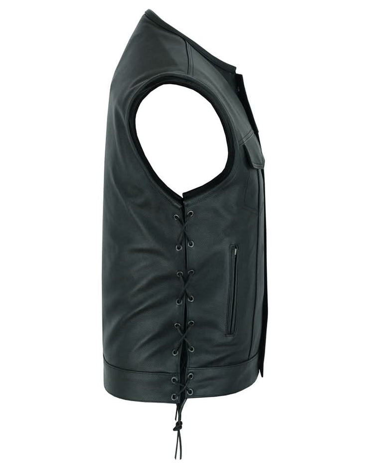 Men's Combat Black motorcycle Leather Vest - Gun Pockets & Side Laces
