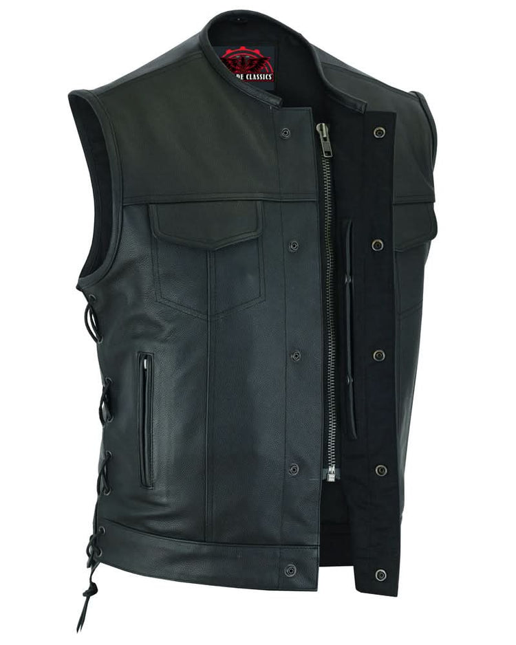 Men's Combat Black motorcycle Leather Vest - Gun Pockets & Side Laces