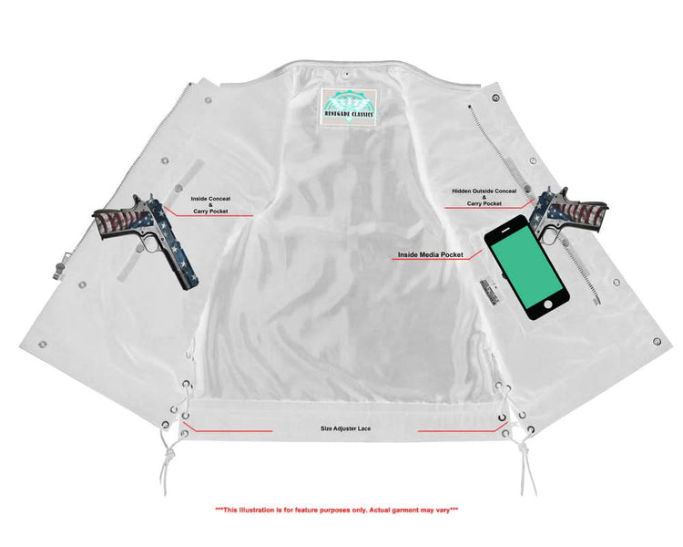 Men's Combat Black motorcycle Leather Vest - Gun Pockets & Side Laces