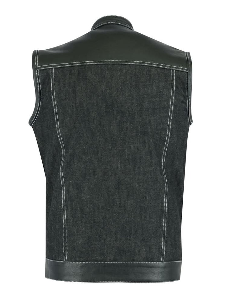 Men's Leather-Denim Combo Motorcycle Vest w/ Scoop Collar