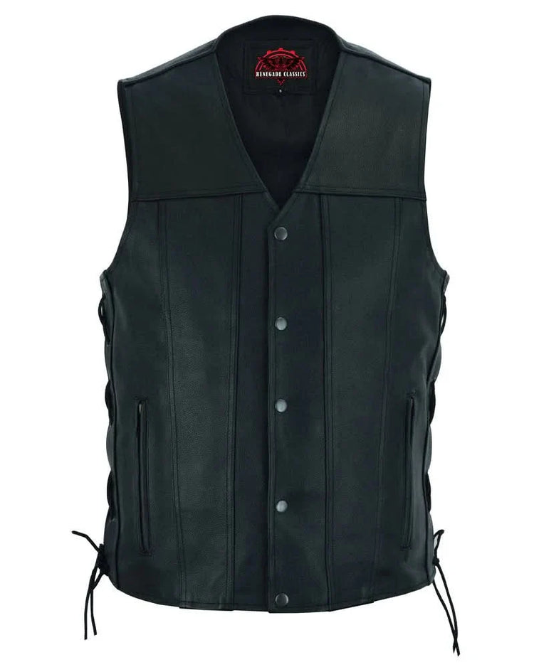 Men's Tall Classic Tapered Bottom Biker Leather Vest- Black