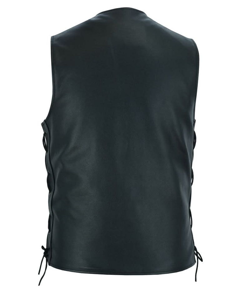 Men's Tall Classic Tapered Bottom Biker Leather Vest- Black