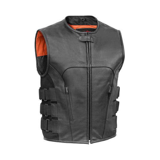 Men's Black Leather SWAT Style Motorcycle Vest