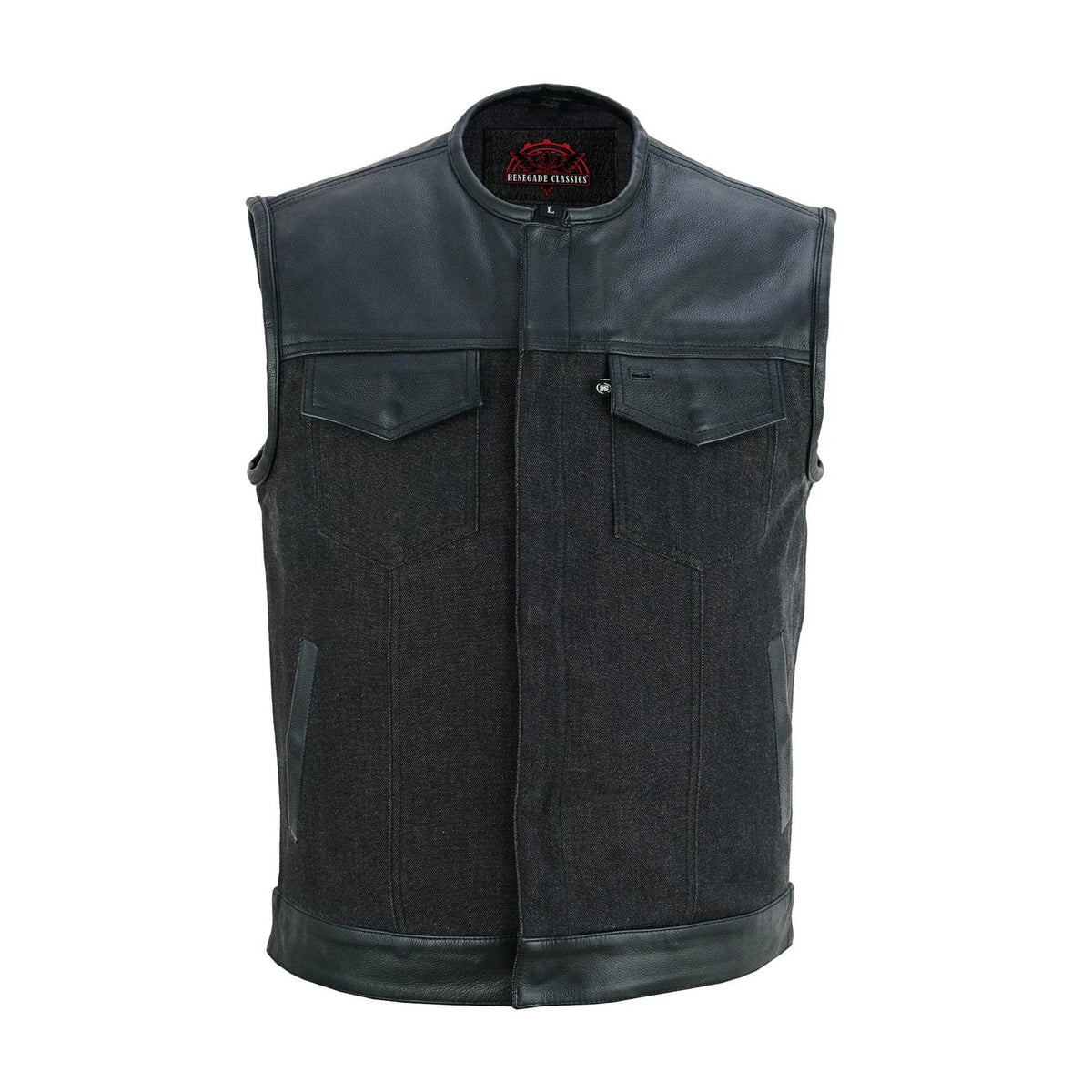 Men's Leather-Denim Combo Motorcycle  Vest - No Collar