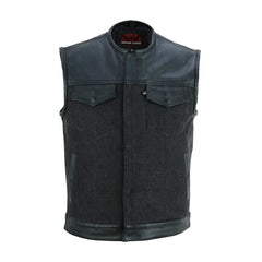 Men's Leather-Denim Combo Motorcycle  Vest - No Collar