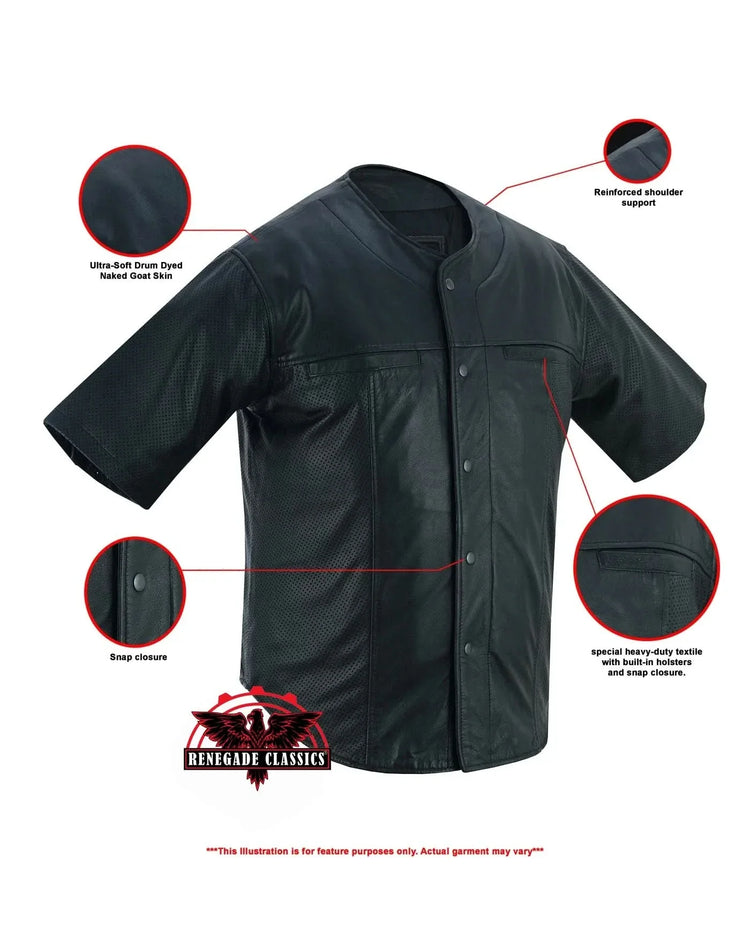Men's  Leather Baseball Motorcycle Shirt - Black