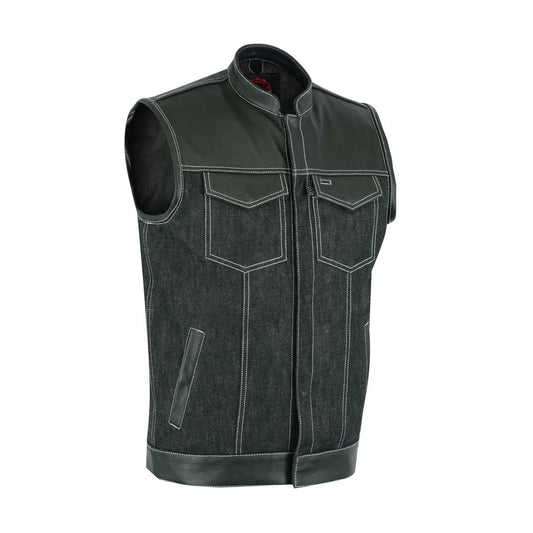 Men's Leather-Denim Combo Motorcycle Vest w/ Scoop Collar