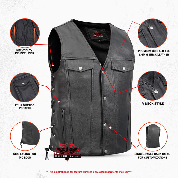 Men's Black Leather Vest with Side Laces and Smart Access Pockets