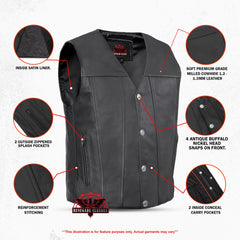 Buffalo Nickel Black Leather Vest for Men - Customizable Back & Satin Liner