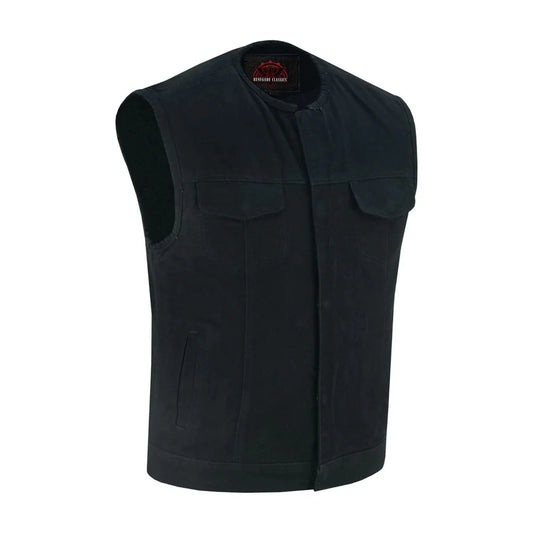 Mens Black Denim Motorcycle Vest with Concealed Snaps & Zipper