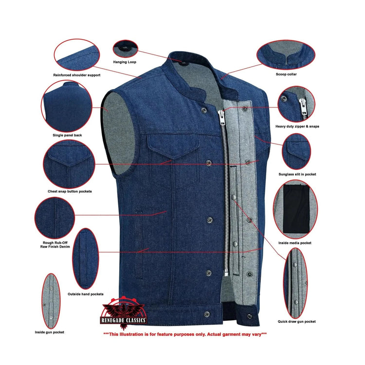 Men's Blue Rough Rub-Off Raw Finish Denim Vest