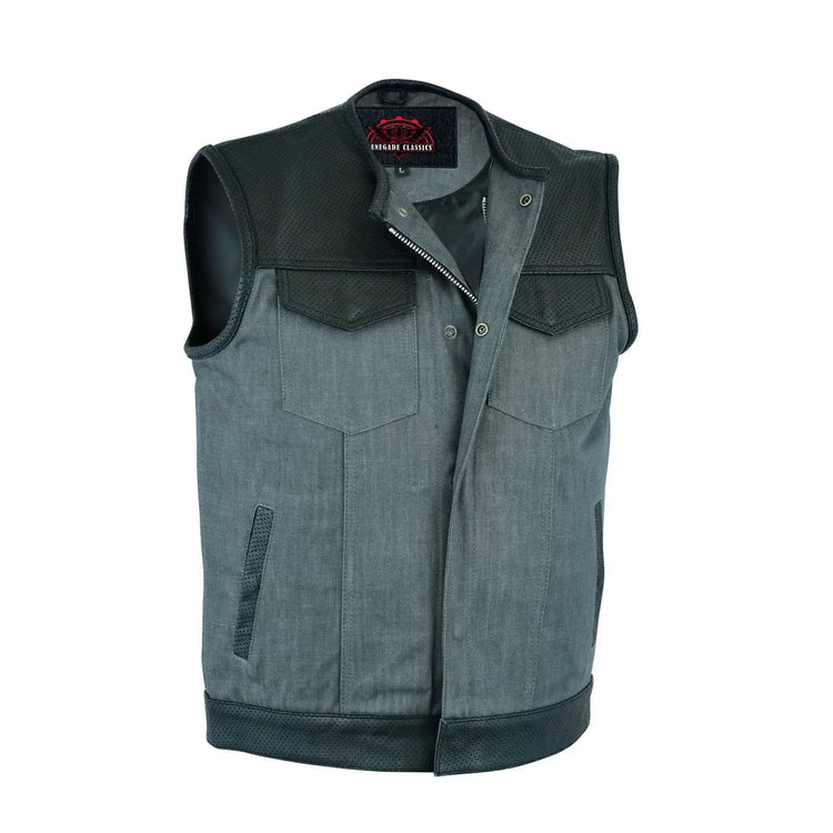 Men's Perforated Leather/Denim Combo Vest (Black/ Ash Gray)