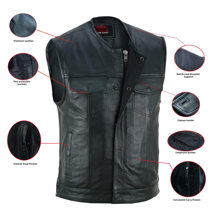 Men's Black Leather Motorcycle Vest with Upgraded Style