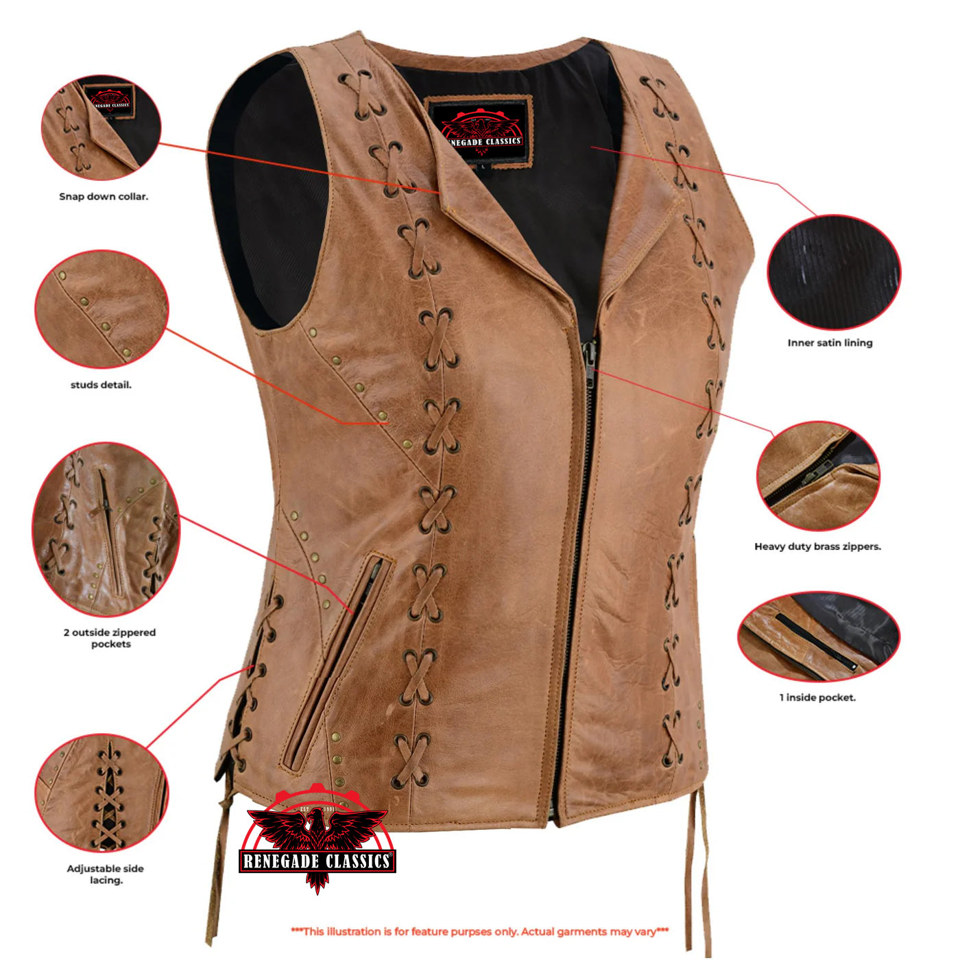 Women's Brown Zippered Vest with Lacing Details
