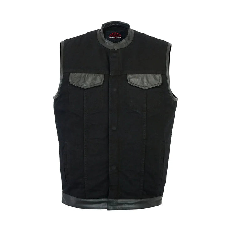 Men's Black Denim Single Panel Concealment Vest W/ Leather Trim