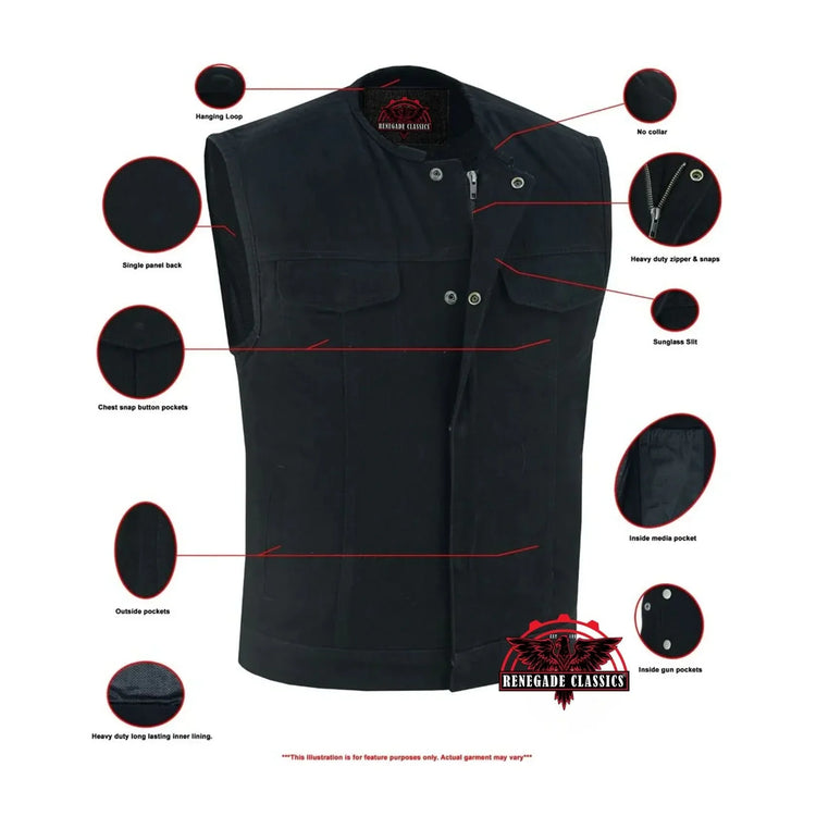 Mens Black Denim Motorcycle Vest with Concealed Snaps & Zipper