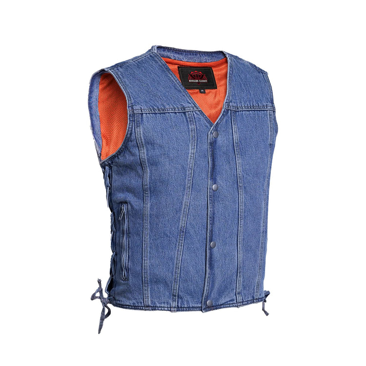 Men's Blue Denim Motorcycle Vest with Lace & Pockets