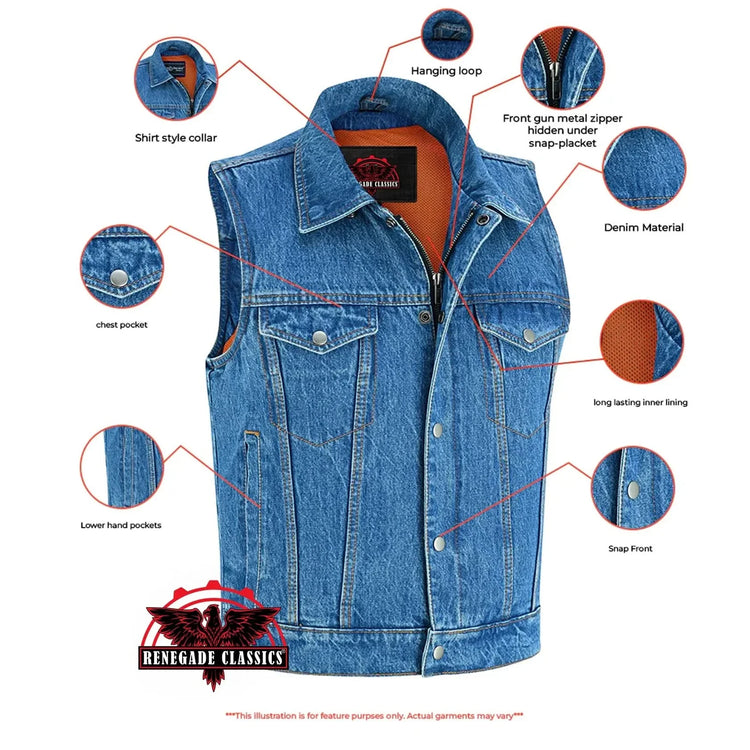 Blue Men's  denim motorcycle vest with Snap/Zipper Front