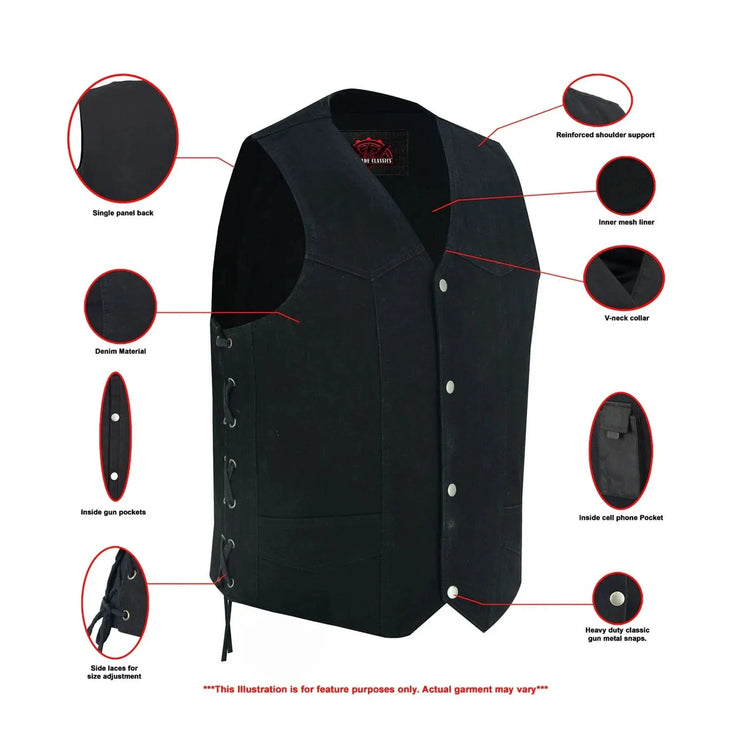 Men's Traditional Denim Motorcycle Vest with Side Laces – Smart Access Pockets